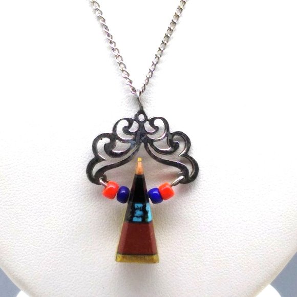 Vintage Stone Inlay Pendant with Jasper Base Sterling Silver Filigree Openwork - Picture 2 of 6